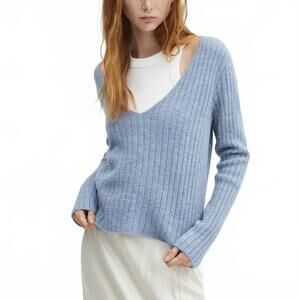 Mango Wool Blend V-Neck Ribbed Knit Sweater Blue Small